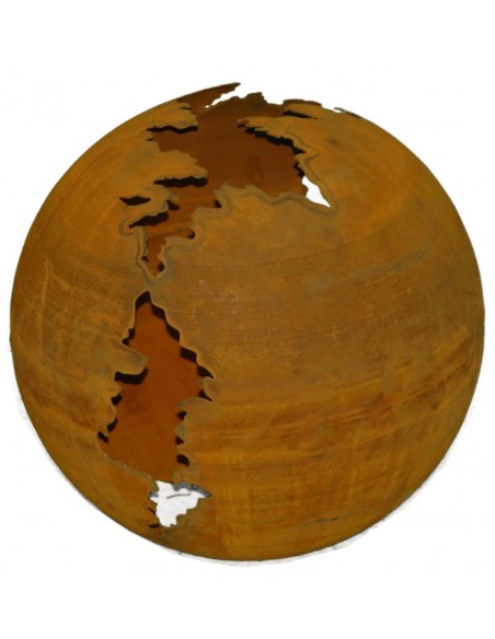 Edelrost Kugel 'Gravina' mit langem Riss oben, unten große Öffnung für Strahler zur Beleuchtung, Ø 60 cm