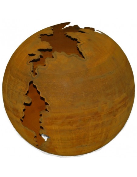 Edelrost Kugel 'Gravina' mit langem Riss oben, unten große Öffnung für Strahler zur Beleuchtung, Ø 60 cm