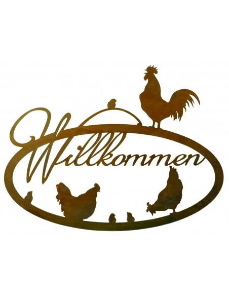 Edelrostschild mit Hühnerfamilie mit Spruch 'Willkommen', oval zum Hängen, Höhe 42 cm Breite 55 cm, schöne Wanddekortation 