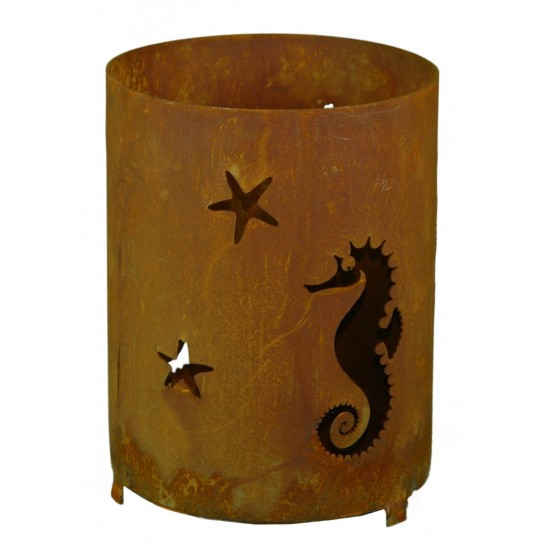 Edelrost Windlicht mit Seepferdchen, rund, mit Platte, Höhe 20 cm, Ø 15 cm - für Garten und Terrasse aus rostigem Metall