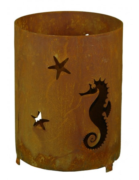 Edelrost Windlicht mit Seepferdchen, rund, mit Platte, Höhe 20 cm, Ø 15 cm - für Garten und Terrasse aus rostigem Metall