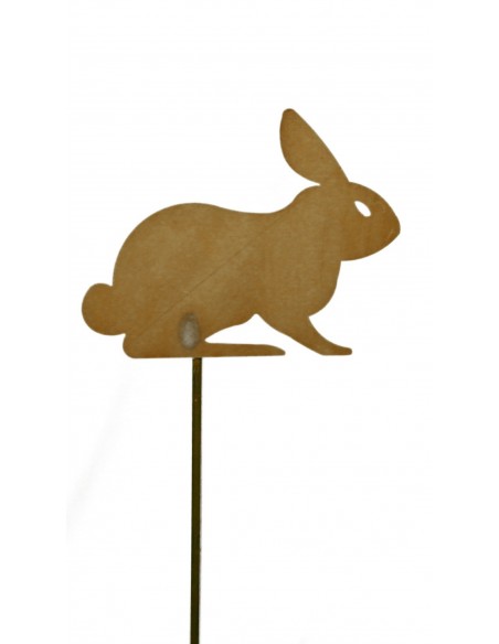 Rost Silhouette Hase lauernd  Höhe 19 cm auf Stab aus rostigem Metall zur Dekoration zu Ostern