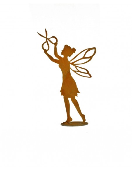 helfende Fee aus Edelrost stehend mit Schere, auf Platte Höhe 28 cm - Dekoidee und Geschenk