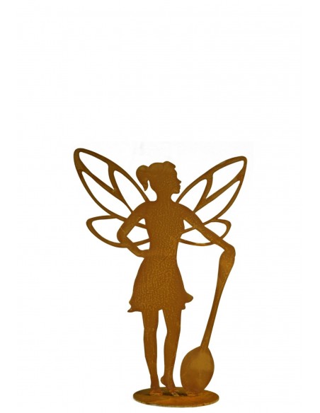 helfende Fee aus Edelrost stehend  mit Löffel auf Platte Höhe 23 cm - Dekoidee aus rostigem Metall