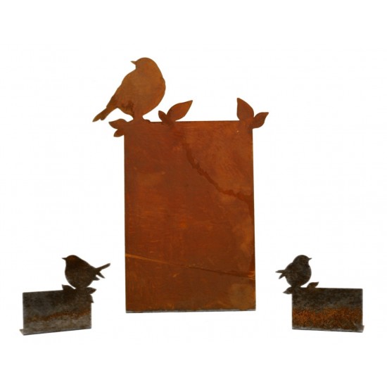 Edelrost Tischkarte mit Vögelchen oben rechts, zum selber Beschriften, Höhe 7,5 cm Breite 8,6 cm - tolle Tischdeko