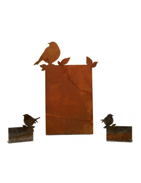 Edelrost Tischkarte mit Vögelchen oben rechts, zum selber Beschriften, Höhe 7,5 cm Breite 8,6 cm - tolle Tischdeko
