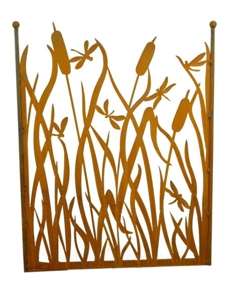 Eelrost Paravent Libellenzaun Höhe 100 cm Breite 80 cm mit Umrandung, oben offen mit 2 Kugeln aus rostigem Metall  Eelrost Paravent Libellenzaun Höhe 100 cm Breite 80 cm mit Umrandung, oben offen mit 2 Kugeln aus rostigem Metall