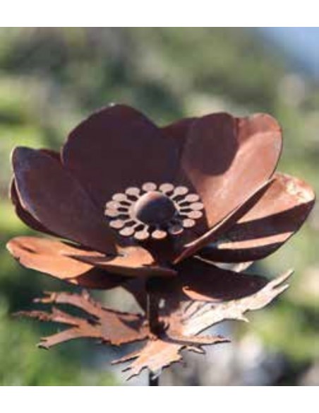 Edelrost Gartenstecker Anemone mit Kugel und Blättern - Höhe 100 cm