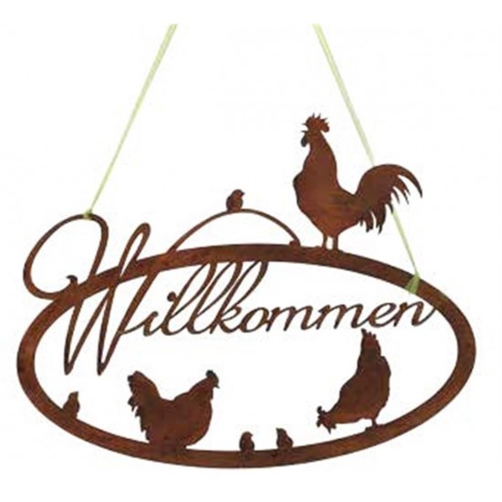 Edelrostschild Hauseingang Hühnerfamilie 'Willkommen', oval zum Hängen, Rostige Gartendeko