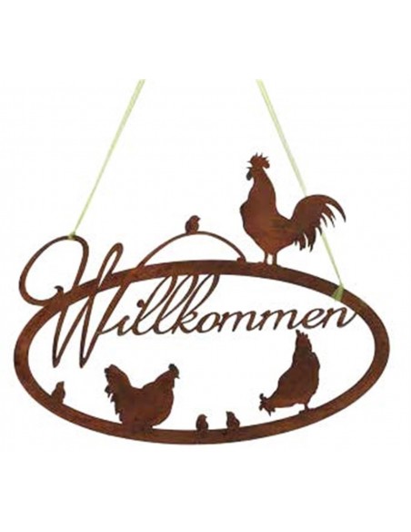 Edelrostschild Hauseingang Hühnerfamilie 'Willkommen', oval zum Hängen, Rostige Gartendeko