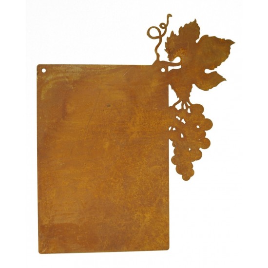 Rost Schild mit Weinblatt und Traube , zum Hängen und selber Beschriften aus rostigem Metall