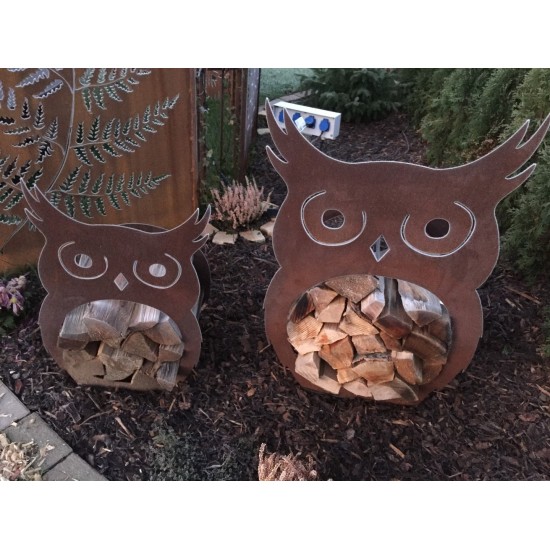 2 er Set, Holzregal Eule,  als ganzjährige Gartendeko aus Edelrost Metall für Kaminholz