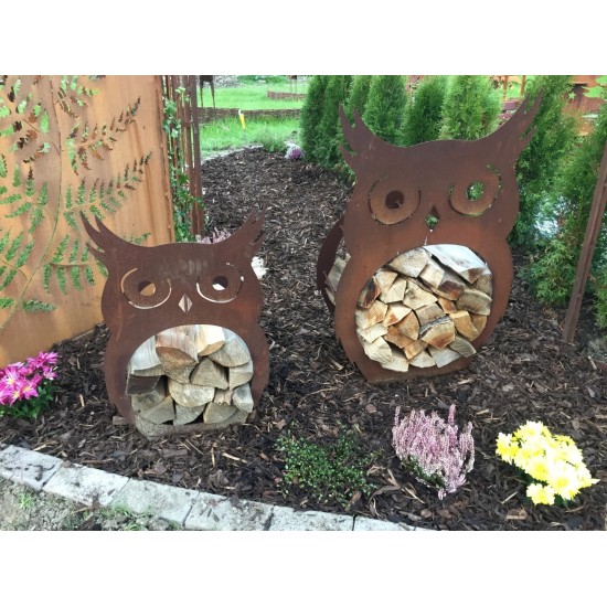 2 er Set, Holzregal Eule,  als ganzjährige Gartendeko aus Edelrost Metall für Kaminholz