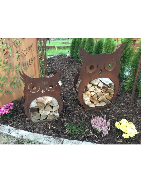 2 er Set, Holzregal Eule,  als ganzjährige Gartendeko aus Edelrost Metall für Kaminholz