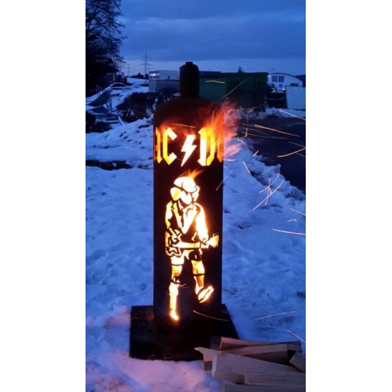 FEUERKORB GASFLASCHE „ACDC“ 128 cm hoch Ø 30 cm aus Edelrost Metall zum Befeuern