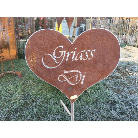 Griass Di Herz (moderne Schrift) aus Edelrost Metall als Gatenstab und Geschenk