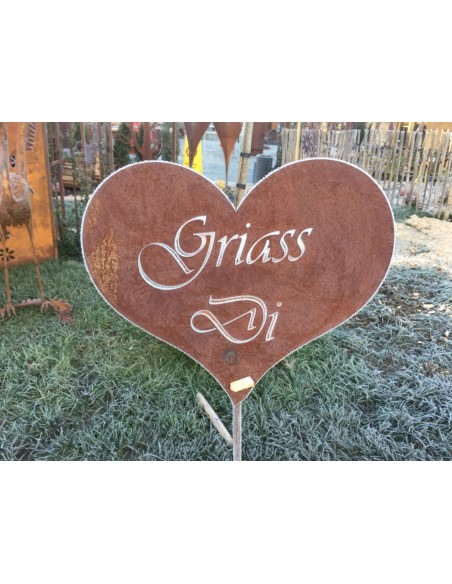 Griass Di Herz (moderne Schrift) aus Edelrost Metall als Gatenstab und Geschenk