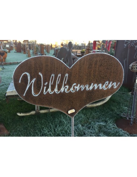 Herz Willkommen Stecker - als Herzstab aus Edelrost Metall zur Gartendeko und als Geschenk kein Corten