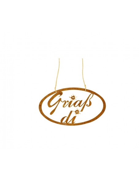 Rost Schriftzug oval Griaß di mit Edelweiß, in Kursivschrift als Willkommensgruß