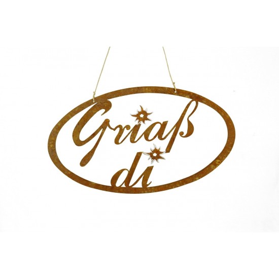 Rost Schriftzug oval Griaß di mit Edelweiß, in Kursivschrift als Willkommensgruß