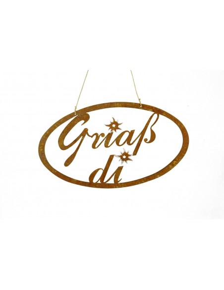 Rost Schriftzug oval Griaß di mit Edelweiß, in Kursivschrift als Willkommensgruß