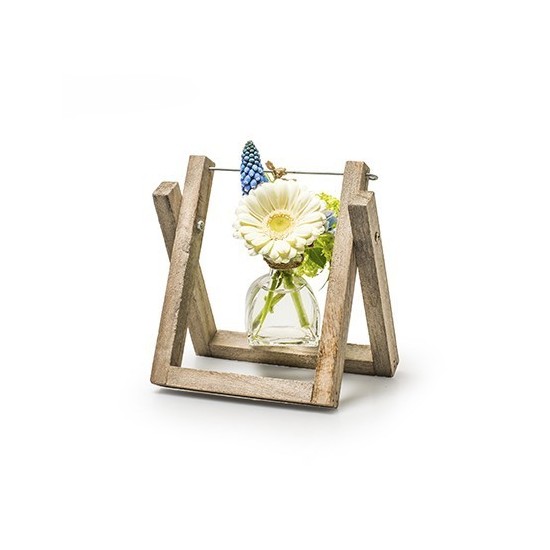 Holzgestell mit hängender Glas Flasche Höhe 17 cm Breite 23 cm