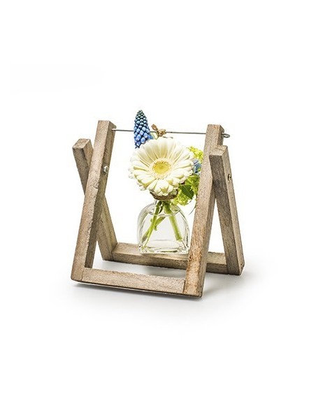 Holzgestell mit hängender Glas Flasche Höhe 17 cm Breite 23 cm