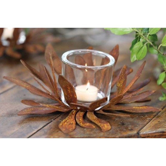 Glas Windlicht 9 x 8 cm mit Edelrost Dekor
