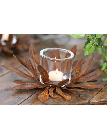 Glas Windlicht 9 x 8 cm mit Edelrost Dekor