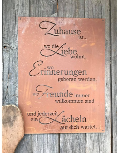 Gedichttafel "Lächelndes Zuhause" Zuhause ist... Edelrost Spruchschild