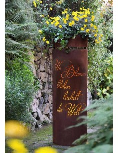 Edelrost Säule halbrund Emerson Zitat "Wo Blumen blühen lächelt die Welt" 150 cm Rostsäule Corten