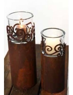 Deko mit Metall und Rost Curly Minipodest, 36 cm hoch  - schmal hohe Version mit Ornamentring oben