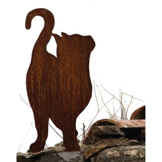Edelrost Deko Katze aus Metall mit Rost Patina auf Platte zum Hinstellen im Garten - Geschenk für Katzenliebhaber