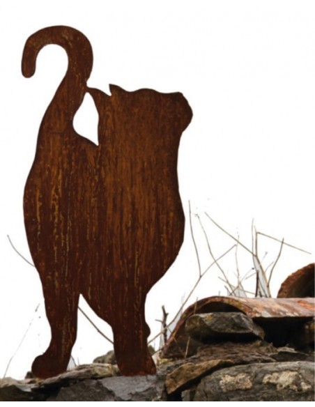 Edelrost Deko Katze aus Metall mit Rost Patina auf Platte zum Hinstellen im Garten - Geschenk für Katzenliebhaber