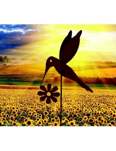 Gartenstecker Kolibri mit Rüssel an Blume - Gartendeko aus Metall rostig 2