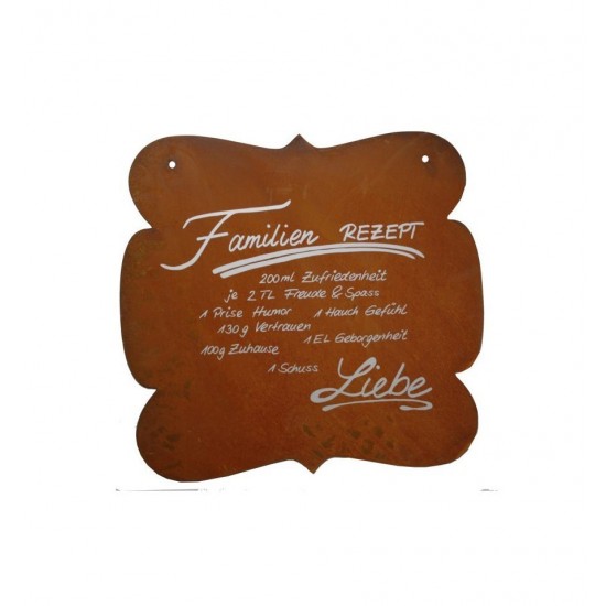 Tafel -Familienrezept- ohne Beschriftung, 45cm hoch Rostschild Edelrost