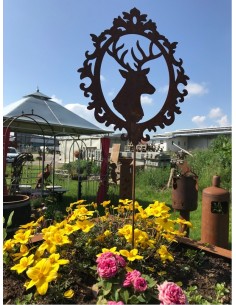 Tierstecker Edelrost Deko Hirsch im Barockrahmen zum Stecken Edelrost 30 cm Edelrost Hirsch im Barockrahmen mit Stab zum Stecken 2