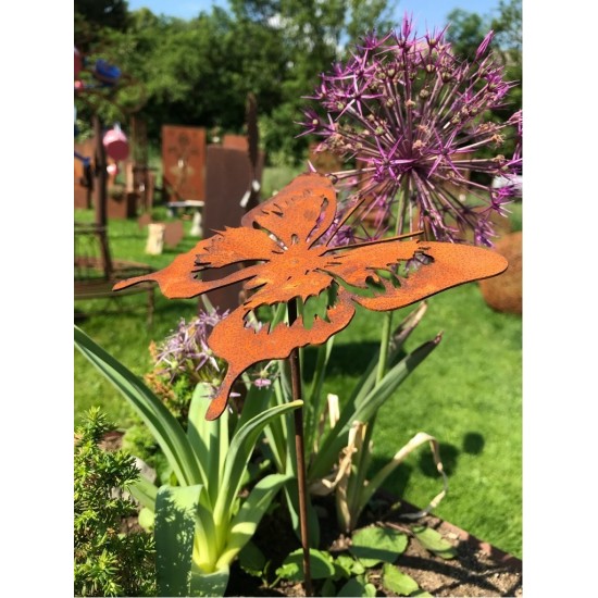 filigraner Schmetterling Gartenstab aus Metall Rostig  Corten-A Corten-B