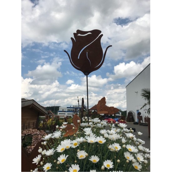 Rose edelrost  Stab 65 cm klein groß aus rostigem Metall als Gartenstecker für Blumenbeet das ganze Jahr
