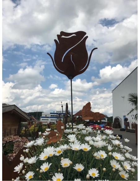Rose edelrost  Stab 65 cm klein groß aus rostigem Metall als Gartenstecker für Blumenbeet das ganze Jahr