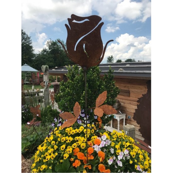 Rose edelrost  Stab 65 cm klein groß aus rostigem Metall als Gartenstecker für Blumenbeet das ganze Jahr