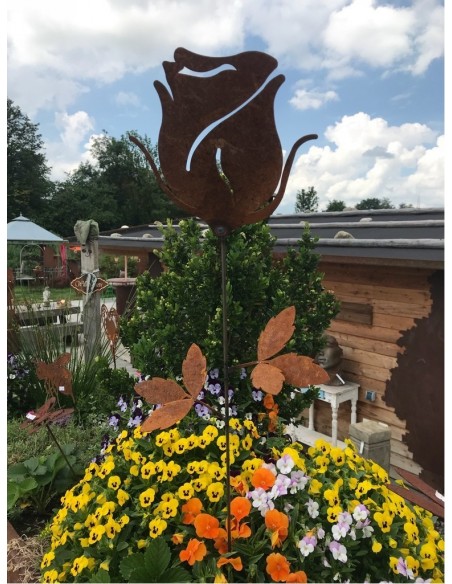Rose edelrost  Stab 65 cm klein groß aus rostigem Metall als Gartenstecker für Blumenbeet das ganze Jahr