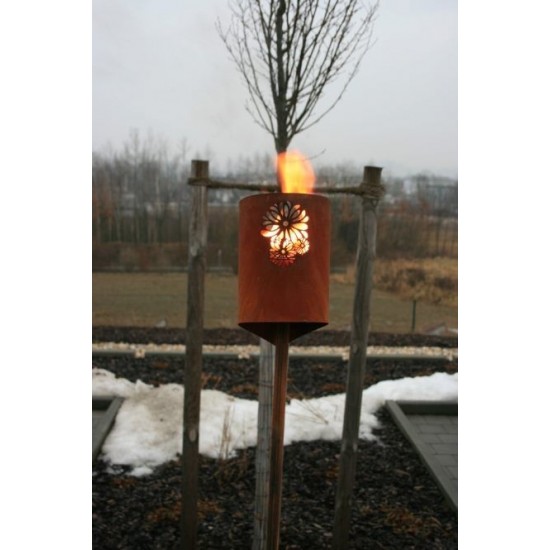 Gartenstecker mit Fackel Blume Stab Windlicht Edelrost rostig Metall Gartendeko Feuer