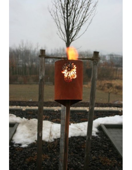 Gartenstecker mit Fackel Blume Stab Windlicht Edelrost rostig Metall Gartendeko Feuer
