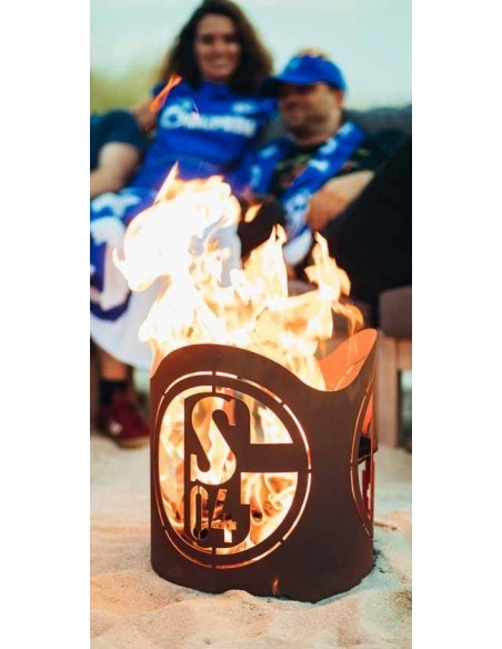 Edelrost Feuerkorb Schalke 04 rund als Fankorb aus rostigem Metall zur Gartendeko 