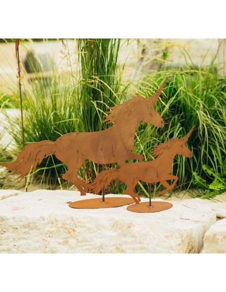 Edelrost Einhorn auf Platte Fairy märchenhafte Gartendeko aus rostigem Metall