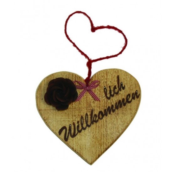 Holzherz mit Rose Wilkommen