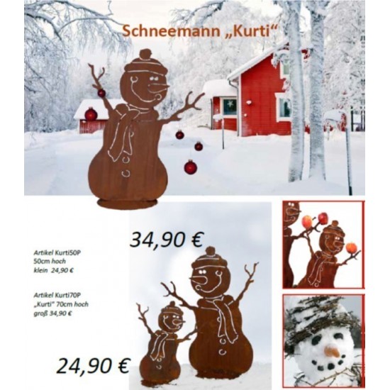 Deko Schneemann Kurti aus Rost Metall Winterdeko für den Garten