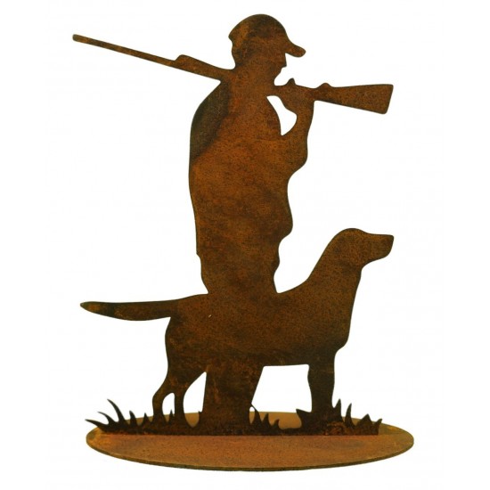 Edelrost Figur Jäger mit Hund Fensterbankfigur Jagd