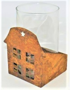 Edelrost Windlicht Haus mit Glas, Höhe 12 cm, Breite 9 cm, Tiefe 15 cm